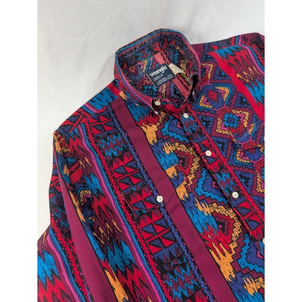 Vintage Wrangler Shirt Mens 17 36‎ XL Brushpopper Cowboy Aztec X Long Tails 90s - Picture 2 of 8